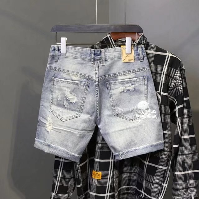 メンズの穴のある伸縮性のあるサマージーンズ,フィットしたファ - Street Fashion In Korea のレビューと価格